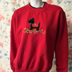Festive Red Crew Neck Sweater with Black Dog Design